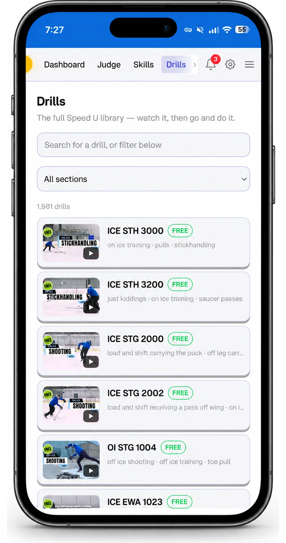 The Speed U app's drill library on a phone, showing the search and the first results