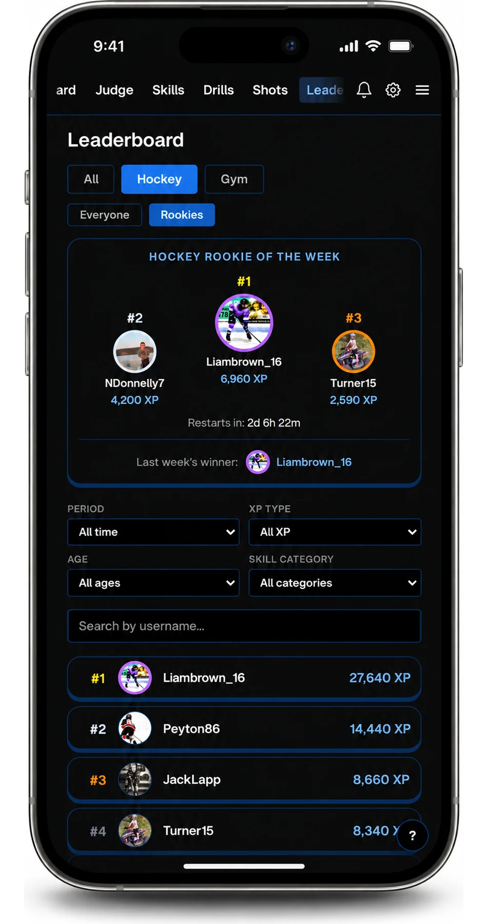 The Speed U app's leaderboard on a phone, showing this week's hockey rankings