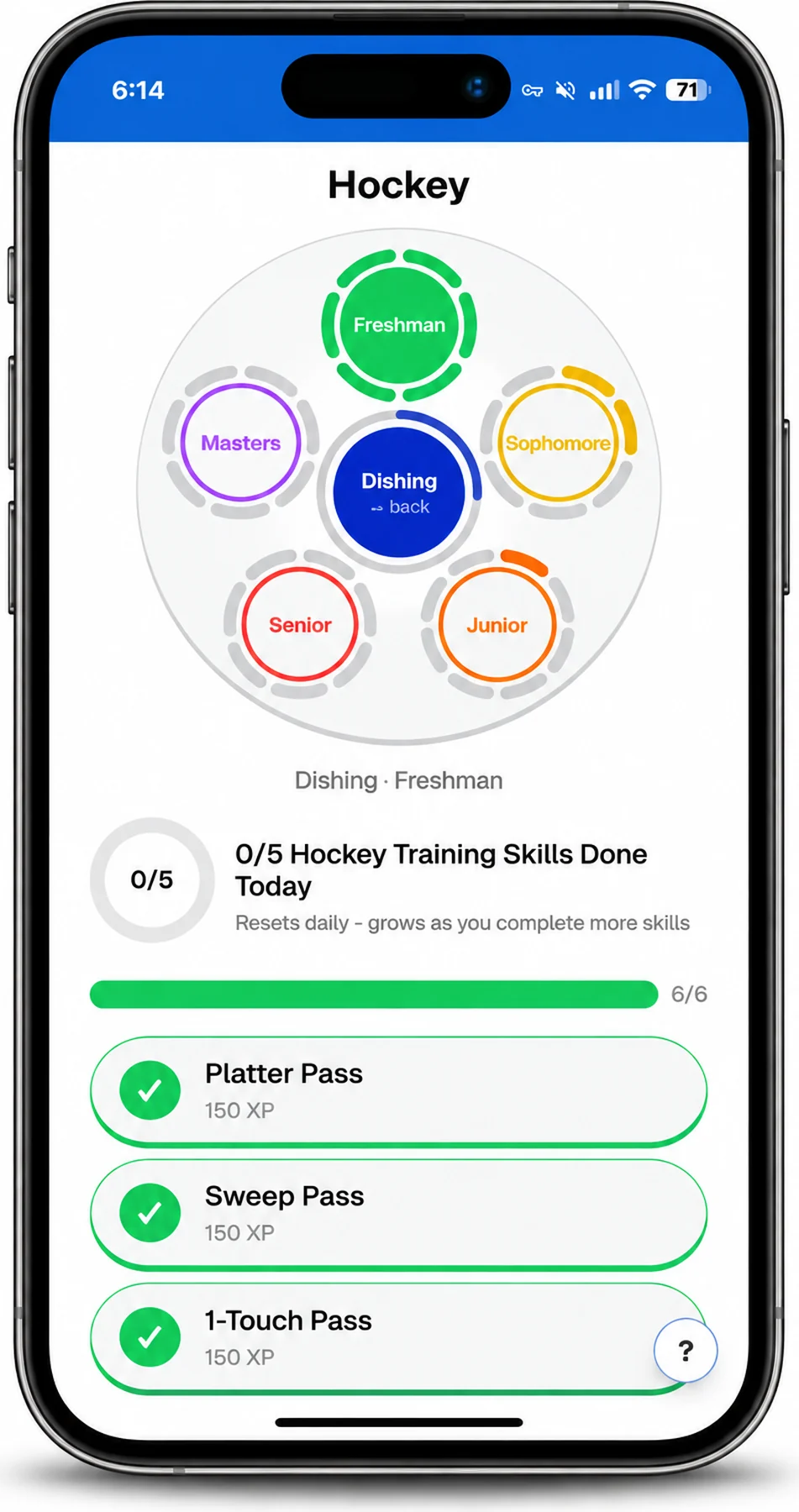 The Speed U app's hockey skills hub on a phone, showing the tier rings and today's skills